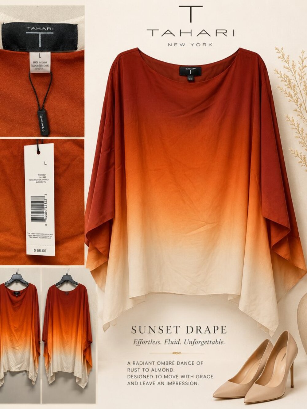 T Tahari Sunset Orange Ombré Drape Sleeve Top Size L NWT Vacation